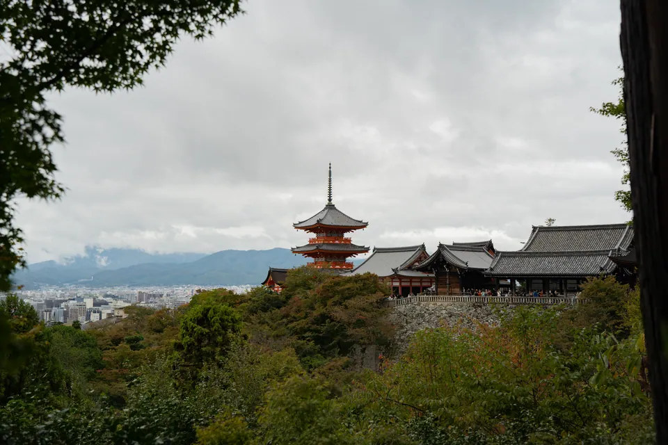 Pagoda and temple hall above the treeline